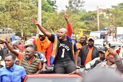 Kiss FM presenter Jalang'o waves to his supporters on Friday, December 11, 2021