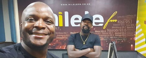 Milele FM presenter Jalang'o and Alex Mwakideu at Mediamax studios on May 13, 2020