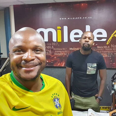 In front: Felix Odiwour (Jalang'o) with Milele FM co-host Alex Mwakideu at MediaMax studios on Friday, April 17, 2020