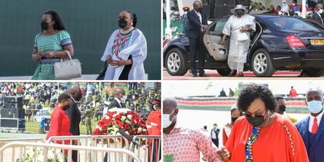 A collage of Gender CAS Rchel Shebesh and Nyeri Deputy Governor Caroline Karugu( top left), Mama Ngina Kenyatta( top right), Second Lady Rachel Ruto( bottom left) and Nairobi County Governor Anne Kananu(bottom right) at the Jamhuri Day celebrations on Sunday, December 12, 2021.