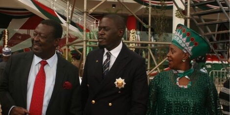 ANC Party Leader Musalia Mudavadi(left), Nairobi Senator Johnson Sakaja(middle) and Murang'a Women Representative Sabina Chege(right) at the Jamhuri celebrations on Sunday, December 12 2021.