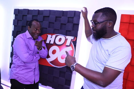 Citizen TV anchor Jeff Koinange and his radio co-host Nick Odhiambo at the new Hot96 studio on Friday, September 24.