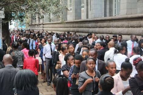 Jobseekers queue on Wabera Street, Nairobi, as they wait to be interviewed by The Sarova Stanley on May 26, 2018.
