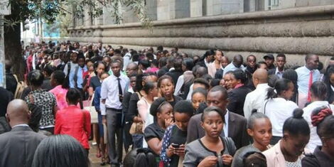 jobseekers queuing on Wabera Street, Nairobi, waiting to be interviewed by The Sarova Stanley on May 26, 2018