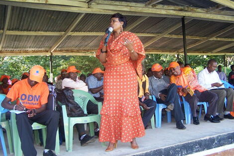 Joyce Lay Addressing the Public During an ODM Mashinani at Mwanyumba Stadium in Wundanyi, 2012 Source : Facebook