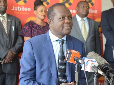 Jubilee secretary general Raphael Tuju addressing the media on the Wajir West By election on April 10, 2019.