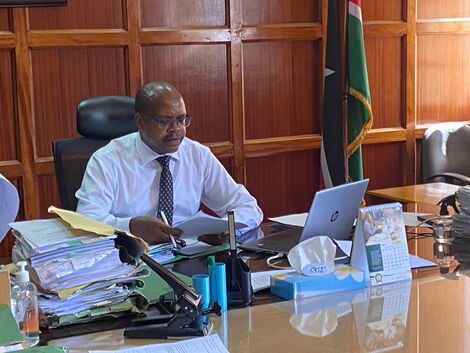 Justice Elijah Obaga during an online hearing of Environment and Land Court case at the Milimani Law Courts on April 30, 2020.