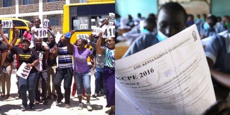 Photo collage between students celebrating after receiving KCPE results and while sitting for the exams