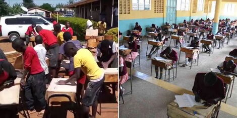Photo collage between KCPE candidates and students during exam session