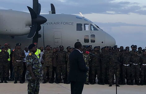 President Uhuru Kenyatta and army chiefs when they received the C-27J Spartan aircraft at the Embakasi Garrison, Nairobi on January 30, 2020.