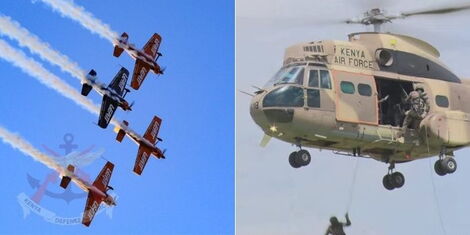 A collage image of KDF aircraft in the sky (LEFT) and Kenya Airforce soldiers during a past air drill ( RIGHT).