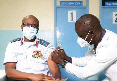 Commander Kenya Air Force (KAF) Major General Francis Ogolla on Wednesday, 10 March 2021, taking part in the ongoing Kenya Defence Forces (KDF) COVID -19 vaccination exercise at Moi Air Base (MAB) in Nairobi.