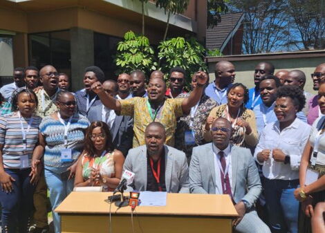 KMPDU Secretary General Davji Bhimji (centre) and other officials address the media at Lake Naivasha Resort, Nakuru County on January 13, 2023.