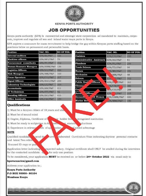 Fake Job advert flagged by the Kenya Ports Authority on Wednesday, October 12, 2022.