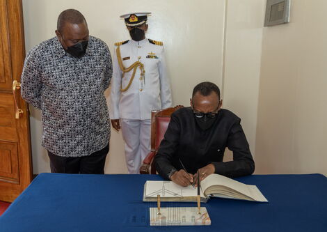 President Uhuru Kenyatta and Rwanda's President Paul Kagame during state house meeting in Nairobi on Thursday February 3, 2022