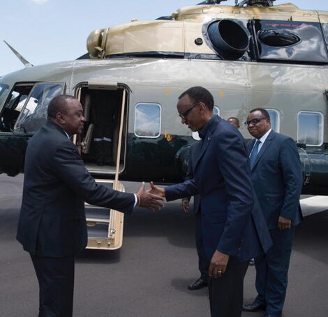 Rwandan President Paul Kagame bids goodbye to President  Uhuru Kenyatta who was attending a conference in Kigali, Rwanda on March 11, 2019