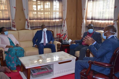 (From Left) Water CS Sicily Kariuki, Health CS Mutahi Kagwe, Interior CS Fred Matiang'i and Nyandarua Governor Francis Kimemia during a meeting on June 15, 2020