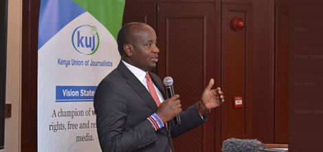 Royal Media Services (RMS) Group Editorial Director Linus Kaikai addresses the audience during the launch of the report on The State of Press Freedom in Kenya on February 21, 2023. 