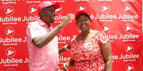 EALA MP Kanini Kega (left) and nominate MP Sabina Chege (right) during a past event at Jubilee Headquarters.