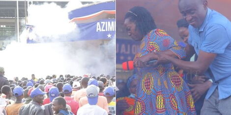 A collage image of disruptions at Narc Kenya Party leader Martha Karua's rally in Kisii County on June 30, 2022.