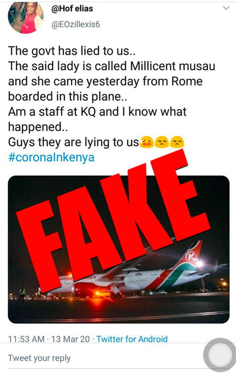 An alert by Kenya Airways on Friday, March 14, 2020