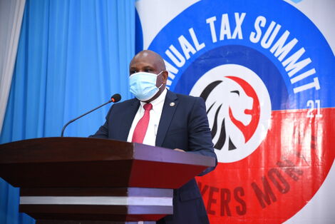 Kenya Revenue Authority (KRA) Commissioner General Githii Mburu speaks during the Annual Summit on Thursday, October 13, 2021.