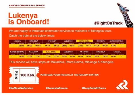 The schedule of the new Nairobi Commuter Rail Services service to Lukenya Railway station.