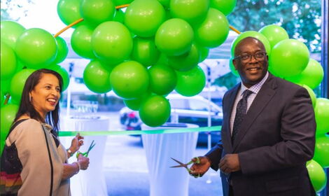 Kenyan Ambassador to UK Manoah Esipisu (right) and a guest during the launch of Eversure Charging in UK.