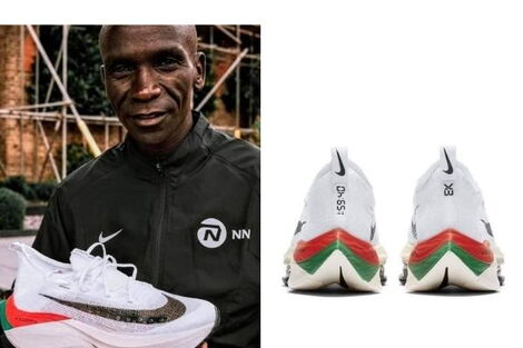 Kenyan Athlete Eliud Kipchoge holding the Nike Alphafly Next% Shoe (left) and a pair of the shoes