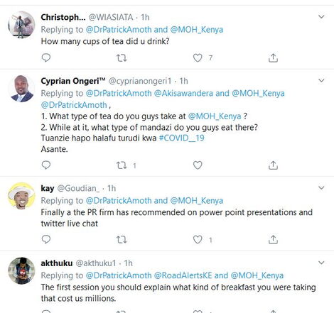 A section of the reactions to the Ministry of Health DG Patrick Amoth's announcement on May 1, 2020.