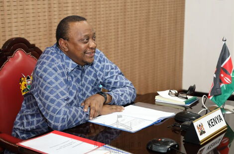 President Kenyatta at State House, Nairobi during a virtual leaders forum on US-Africa trade convened by the Corporate Council on Africa (CCA) on June 26, 2020.
