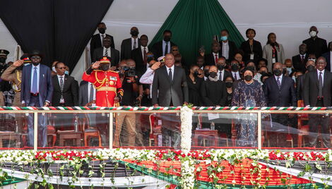 Thousands of mourners, led by President Uhuru Kenyatta and First Lady Margaret Kenyatta, follow proceedings at the National Funeral Service of former President Emilio Mwai Kibaki at Nyayo National Stadium on Friday, April 29, 2022
