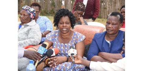 The late Mzee Jackson Kibor's widows Josephine Kibor from (left), Yunita Kibor and Naomi Kibor mourn the passing on at their home in Kabenes, Uasin Gishu County on March 17, 2022