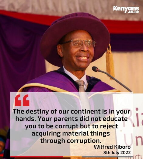 A quote box of Riara University’s Chancellor Dr Wilfred Kiboro shared on social media platforms during the institution’s 6th Commencement on Friday, July 8, 2022. 