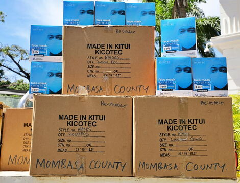 Boxes of surgical masks donated to Mombasa by the Charity Ngilu-led Kitui County Government unveiled on April 26, 2020