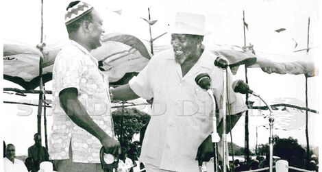 Kilifi South MP Ronald Ngala (left) and first President Jomo Kenyatta during a meeting in Kwale District in 1966.