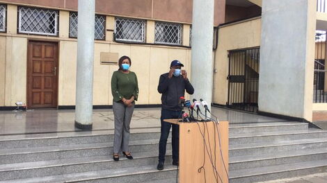 Elgeyo Marakwet Senator Kipchumba Murkomen addresses the media outside his office on May 11, 2020.