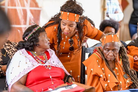 Mama Ngina Kenyatta, Anne kagure (Center) and Field Marshal Muthoni Wa Kirima during the shaving ceremony on Saturday April 2, 2022