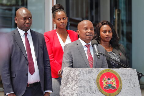 Interior CS Kithure Kindiki addressing the press at Harambee House on February 7, 2023.