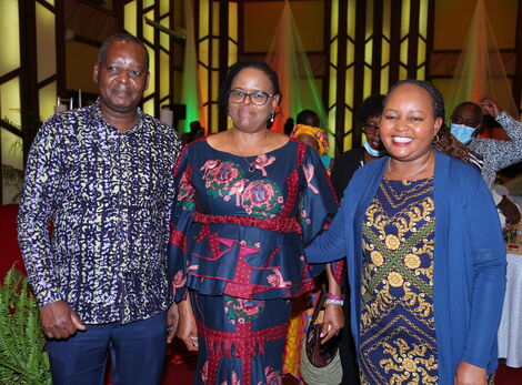 National Assembly majority leader Amos Kimunya, Chief Justice Martha Koome and Kirinyaga Governor pose for a photo during the CJ's thanksgiving party on Saturday, June 18.