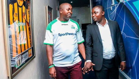 An undated image of newly elected Bomet County Assembly Speaker Cosmas Korir(left) with Sportpesa official