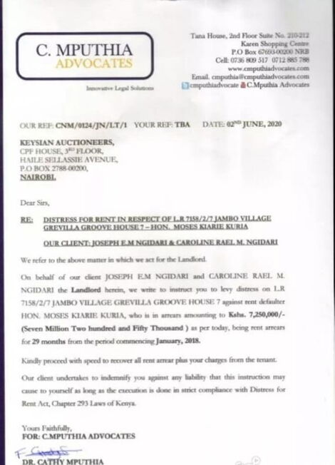The demand letter issued to Gatundu South MP Moses Kuria, dated June 2, 2020