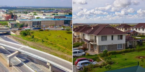 A collage photo of a section of the Nairobi Expressway (left) and apartments in a Nairobi estate (right).