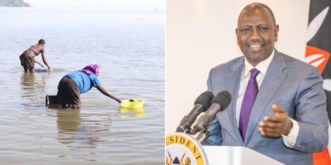 Photo collage of residents collecting water from Lake Victoria and President William Ruto 