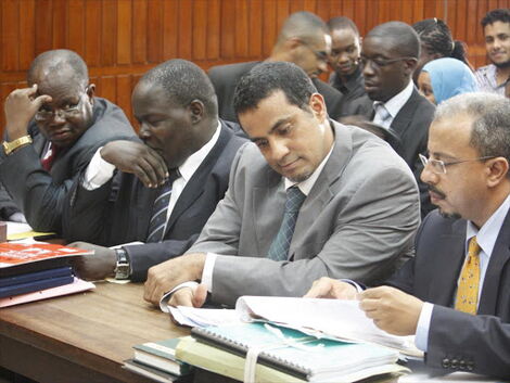 Lawyers Michael Oloo, Samson Okongo, Mohammed Balala and Ali Taib during the hearing of Swaleh Nguru’s property case at the High Court in Mombasa on July 19, 2012