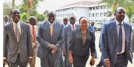 Leaders arriving for the 18th Intergovernmental Budget and Economic Council (IBEC) at the Kenya School of Government at Lower Kabete on Tuesday October 18, 2022 led by Deputy President Rigathi Gachagua (blue shirt)