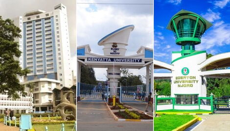 Left to right: University of Nairobi building, Kenyatta University gate and Egerton University gate.