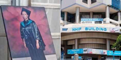 A photo collage of Lilian Waithera's portrait (left) and the NHIF main offices at Upper Hill Nairobi County (right).