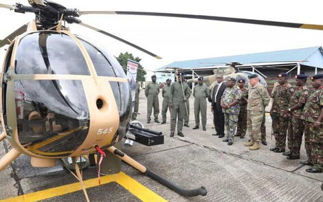 Retired Chief of the Kenya Defence Forces General Samson Mwathethe receives six US-made light attack helicopter gunships at the Joint Helicopter Command in Embakasi, Nairobi.