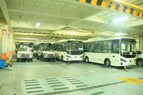 Fifteen electric buses aboard MV Morning Christina at Mombasa Port on Tuesday, November 29, 2022